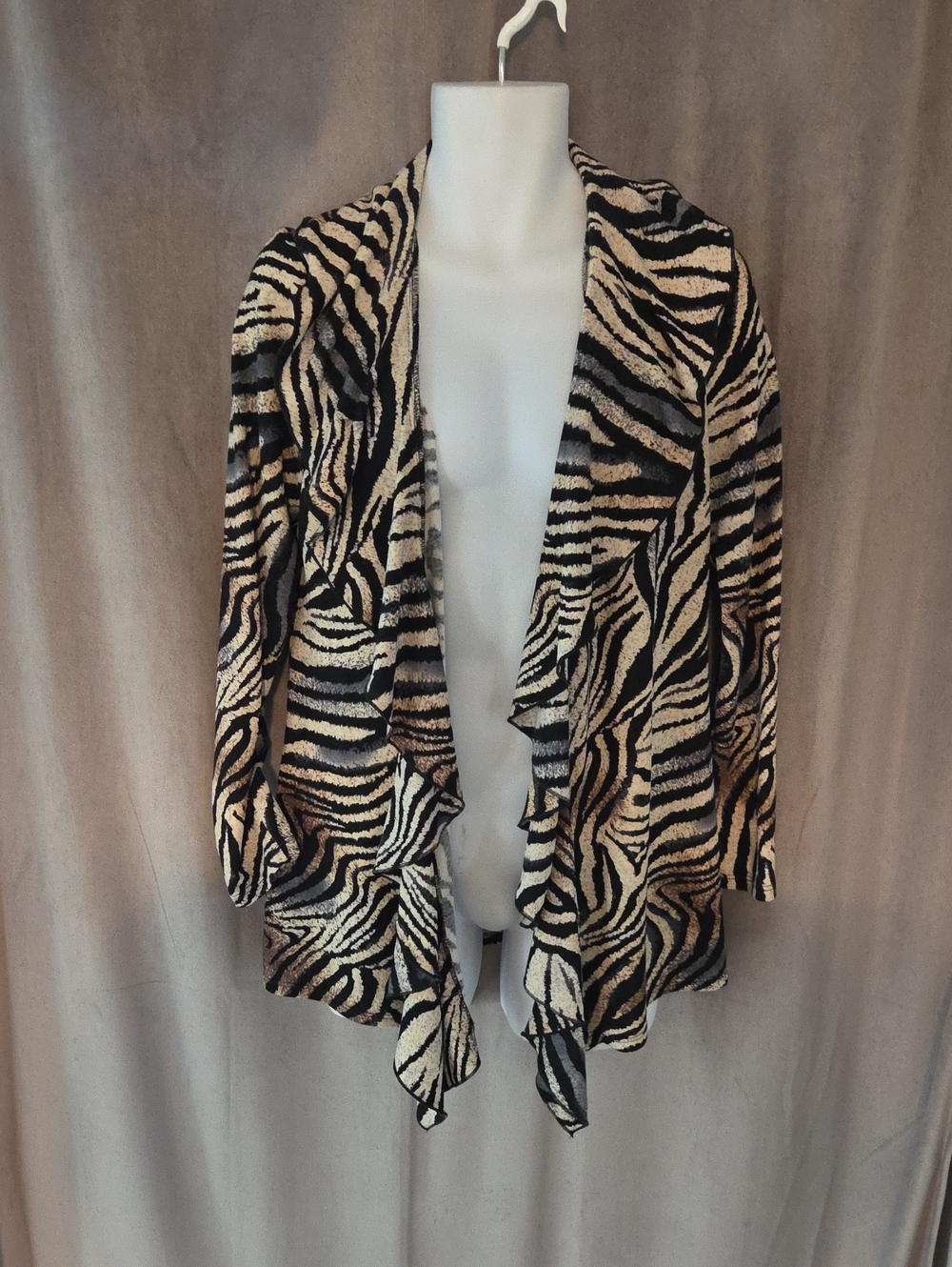 Frank Lyman Size 12 Design Zebra-Print Open-Front Cardigan in Black and Beige
